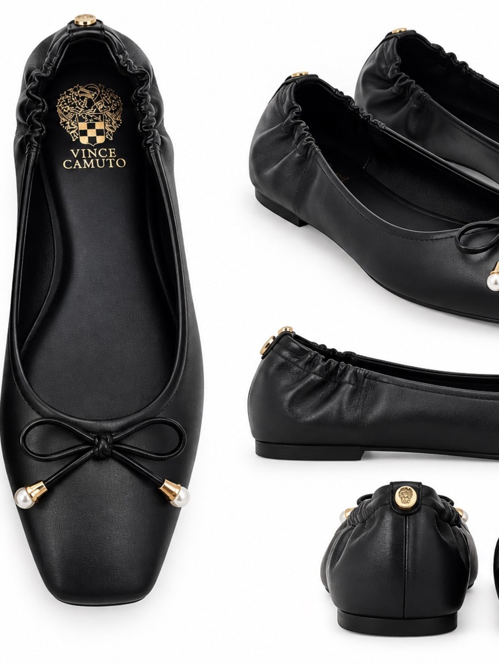Vince Camuto Black Leather Ballet Flats with Pearl-Trim Bow